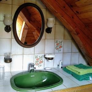 a bathroom with a green sink and a mirror at Gite La Coustourelle - Appartement T4 en coeur de village in Le Chambon-sur-Lignon