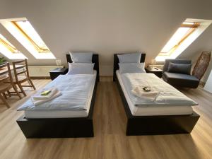 two beds in a room with skylights at Ferienwohnung Am Jacobsweg in Wurzen