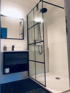 uma cabina de duche em vidro na casa de banho com um lavatório em Galéria Panzió em Nagykanizsa