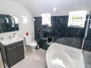 a bathroom with a sink and a toilet and a shower at Y Beudy The Dairy in Oswestry +28 photos