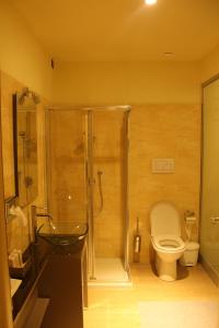 a bathroom with a shower and a toilet and a sink at Ming Hao Hotel in Milan