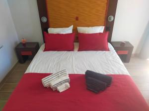 una camera da letto con un grande letto con cuscini rossi di Villa Carémeau 1 a Nîmes