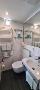 a white bathroom with a toilet and a sink at Weingut Pension Gibbert-Pohl in Briedel