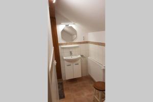 a bathroom with a sink and a mirror at Monteurwohnung SEEBLICK AUSBLICK 16356 Werneuchen bei Berlin in Werneuchen