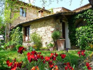 uma velha casa de pedra com flores vermelhas no quintal em Podere Patrignone em Castellina in Chianti