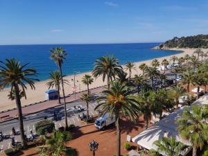 a view of a beach with palm trees and the ocean at Hotel Maeva ,1 star B&B in Lloret de Mar