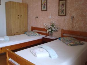 2 Betten in einem Zimmer mit Blumen an der Wand in der Unterkunft George's Apartments in Chrani