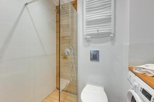 a bathroom with a toilet and a shower at Lion Apartments - Korfu in Sopot