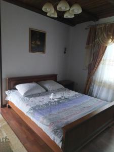 a bedroom with a bed with a cat laying on it at House of Vitaliy in Pochayiv