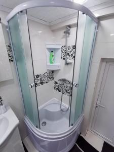 a shower with a glass enclosure in a bathroom at Apartament Dilama Sinaia in Sinaia +16 photos