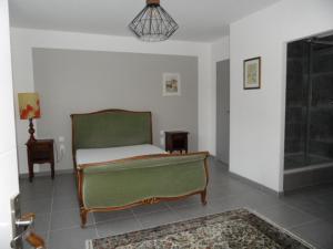 Schlafzimmer mit einem Bett und einer Glasdusche in der Unterkunft logement entre mer et montagne in Roujan