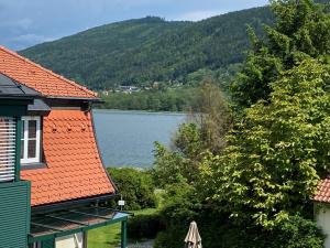 uma vista para um lago a partir de uma casa em FeWo mit Seeblick em Bodensdorf