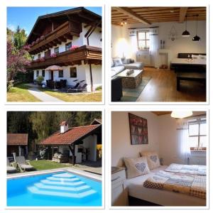 four different pictures of a house with a pool at Ferienwohnung Waldblick Hauzenberg in Hauzenberg