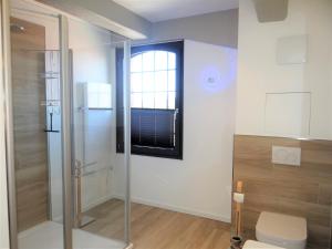 e bagno con doccia, servizi igienici e finestra. di Speicher Residenz Barth E2 App 1 a Barth
