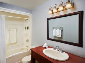 
a bathroom with a sink, mirror, and toilet at Sir Sam's Inn & Spa in Haliburton
