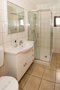 a bathroom with a sink and a shower and a toilet at Anita apartment in Medulin