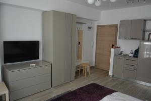 a living room with a television and a kitchen at De Silva Residence in Mamaia +25 photos