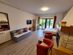 a large living room with a couch and a fireplace at Apartments Ana in Medulin