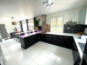 勒博塞VILLA 6 PERSONNES /PISCINE/CAMPAGNE/TERRAIN DE PETANQUE/15 km BANDOL的厨房配有黑色橱柜和紫色台面