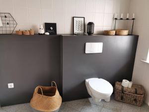 a bathroom with a white toilet and a sink at Homelig Altstadt Ferienwohnungen Sassnitz in Sassnitz