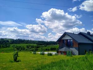 a house in the middle of a green field at Apartament Bukowinka in Krośnica