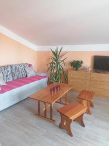 a living room with a couch and two wooden tables at Apartmani Gojko in Sali