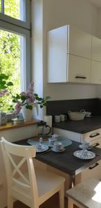 a kitchen with a table and chairs and a window at Fliederhaus Dresden in Dresden