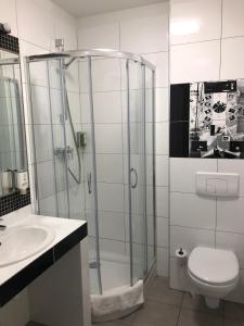 La salle de bains est pourvue d'une douche, de toilettes et d'un lavabo. dans l'établissement Dom Młynarza, à Żukczyn