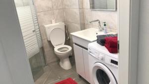 uma casa de banho com um WC, um lavatório e uma máquina de lavar roupa em Isramax low-cost apartment near the sea. em Bat Yam