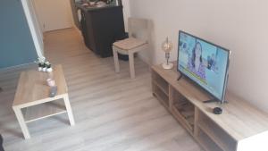 a living room with a flat screen tv and a table at Magnifique Studio bord de mer numéro 88 in Santa-Lucia-di-Moriani