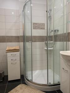 a bathroom with a shower with a glass shower stall at Apartmán v centre in Kremnica