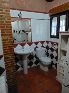 ein Badezimmer mit Waschbecken, Toilette und Spiegel in der Unterkunft Casa Rural Laura in Miranda del Castañar