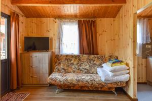a living room with a couch and a television at Sodyba Džiugutis in Šventoji