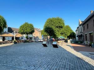 a cobblestone street with benches in the middle of a town at Vakantieappartement Diepstraat in Eijsden