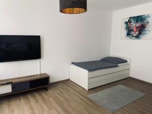 a living room with a bed and a flat screen tv at LINZ bellavista Studio-Apartment Landstraße in Linz