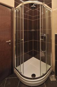 a shower with a glass door in a bathroom at Deluxe Apartments & Rooms Sarella in Split