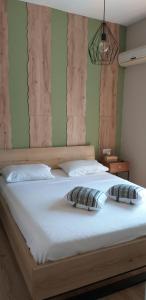 1 dormitorio con 1 cama con 2 almohadas en Natural Green Apartment, en Dhamnóni