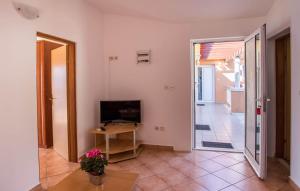 a living room with a television and a table at Apartmani Nikoletić in Klek