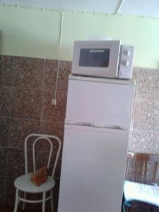un forno a microonde in cima a un frigorifero in una cucina di Casa rural 47, La Acebosa, San Vicente de la Barquera a La Acebosa