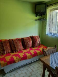 a couch in a room with a tv on the wall at Vadása Nyaralóház in Őrimagyarósd
