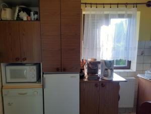 a kitchen with a white refrigerator and a microwave at Vadása Nyaralóház in Őrimagyarósd