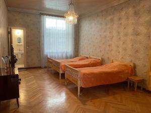 a bedroom with two beds and a chandelier at Emma's Guesthouse in Borjomi in Borjomi