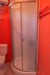 a shower with a glass door in a bathroom at Apartman Saraiste in Ohrid