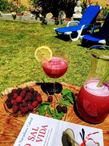 a drink and berries on a wooden table with a book at Imperio de Memorias - Casa de Campo in Vale Bordalo