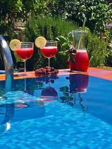 three glasses of wine sitting on top of a swimming pool at Imperio de Memorias - Casa de Campo in Vale Bordalo