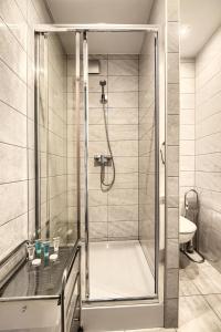a shower with a glass door in a bathroom at Willa U Jędrusia in Tylicz