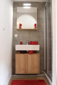 a bathroom with a sink and a mirror at Ferienhaus Wolf in Häselgehr