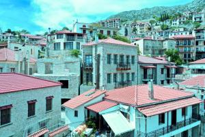 a group of buildings with red roofs in a city at Clock Tower Arachova in Arachova