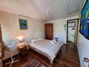 1 dormitorio con 1 cama y 1 mesa con lámpara en Cabinas Tortuguero en Tortuguero