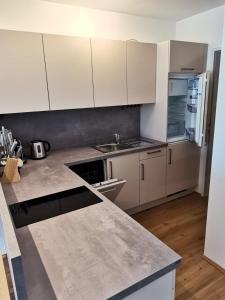 a kitchen with white cabinets and a counter top at Ferienwohnung Thaya 